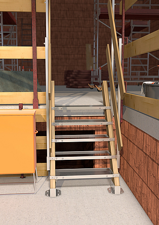 Gradläufige Bautreppe aus Systembauteilen als temporärer Verkehrsweg zum Überbrücken von einzelnen Geschossebenen während der Rohbau- und Ausbauphase oder als Zugang zu einer Baugrube.