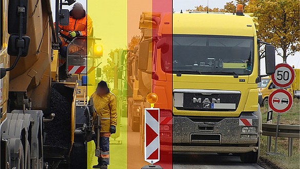 Gefahrenzone eines typischen Arbeitsplatzes an einer Straßenbaustelle Straßenbaustelle, auf der sich links ein Baufahrzeug mit Bediener befindet und rechts rollender Lkw-Verkehr zu sehen ist. In der Mitte ist ein Bauarbeiter. Dieser Bereich ist als Gefahrenbereich gelb markiert.