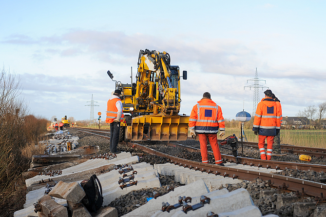 Mehrere Bauarbeiter arbeiten an einem Bahngleis. 