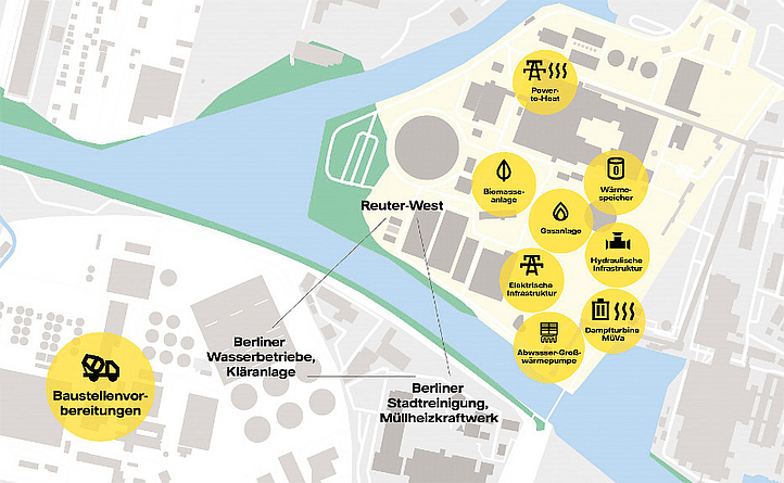 Die Karte zeigt die Lage des Ruhlebener Energiedreiecks mit Heizkraftwerk Berlin Reuter-West.