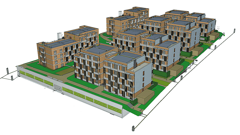 Dreidimensionales BIM-Modell des aus Modulen errichteten Wohnkomplexes P18 