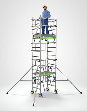 Eine Person steht auf einem mobilen Ein-Personen-Gerüst.
