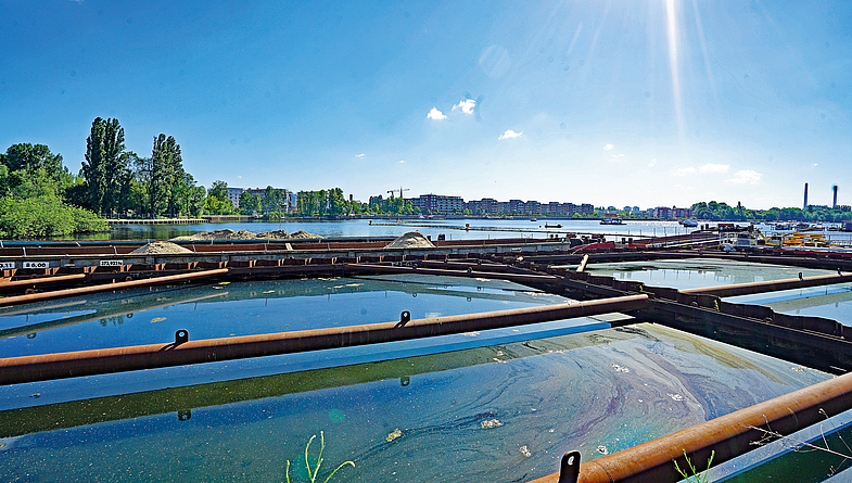 In Testfeldern wurde nach der besten Variante des Sedimentaustauschs gesucht. Abgesteckte 20 x 20 m große Testfelder im Wasser in Ufernähe.