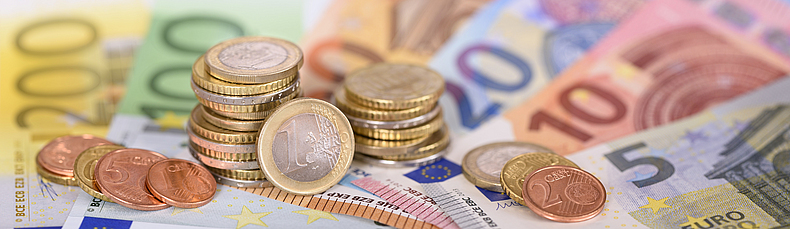 Bargeld, verschiedenen Euro Münzen und Scheine