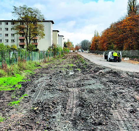 Aufgewühlter Grün- bzw. Matschstreifen neben einer Straße, auf dem Reifenspuren zu sehen sind. Auf der Straße steht ein Fahrzeug mit geöffneter Heckklappe, davor eine Person.
