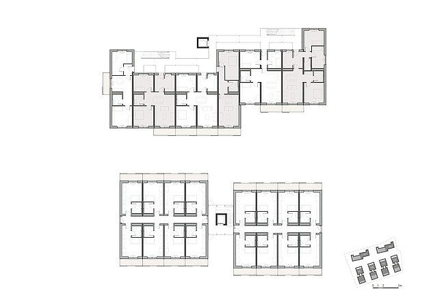 Durch Kombination der Modultypen konnten die Wohnungen auf den Bedarf des Bauherrn zugeschnitten werden. Grundriss des Gebäudekomplexes mit den Wohneinheiten