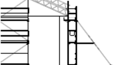 Technische Zeichnung von einem Gerüst, das an den Ortgang eines Hauses gestellt ist und abgestürzt wird.