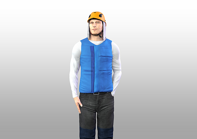 Darstellung einer Person mit Kühlweste und Schutzhelm mit Nackenschutz. 