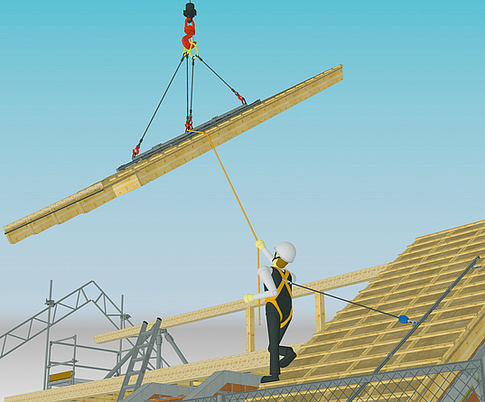 Comiczeichnung mit einer Person, die eine PSA trägt und mit einem Höhensicherungsgerät an einer Schiene auf dem Dachrohbau festgemacht ist.