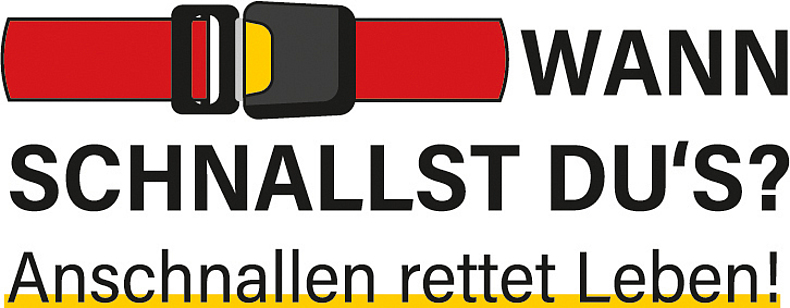 Roter, geschlossener Gurt neben dem Claim „WANN SCHNALLST DU’S?“
