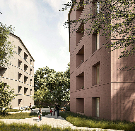 Visualisierung des Pilotprojekts im Bereich Lehmbau von STADT UND LAND in Berlin Hochhäuser aus Lehm in einer Wohnsiedlung.