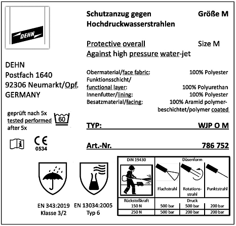 Der abgebildete Waschzettel (das Kennzeichnungsetikette) 3 gibt mittels Piktogrammen die Normen an, nach denen das Produkt geprüft wurde sowie die erreichten Klassen oder Leistungsstufen.