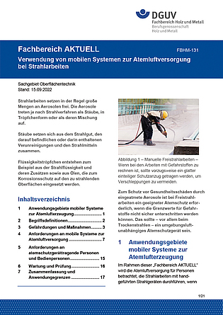 Titelblatt der Fachbereich aktuell: FBHM-131 „Verwendung von mobilen Systemen zur Atemluftversorgung bei Strahlarbeiten“ 