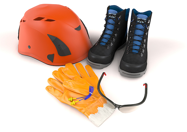 Persönliche Schutzausrüstungen: Kopfschutz, Fußschutz, Handschutz, Gehörschutz, Augenschutz.