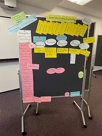 Ergebnisse der gemeinsamen Übungen während des Seminars Flipchart mit vielen beschriebenen Präsentationskarten