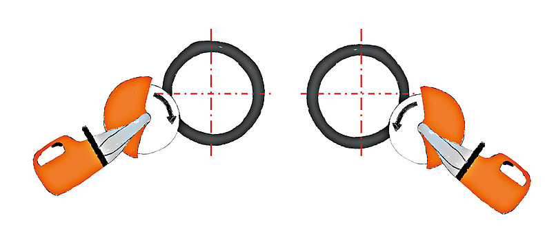 Die Grafik zeigt die ersten beiden Schnitte, die im unteren Bereich des Rohres mit dem Trennschleifer durchgeführt werden.