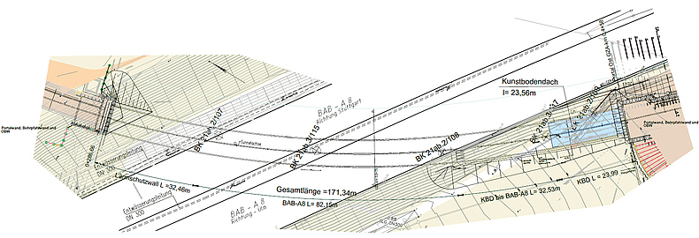 Lageplan GZA-BAB-Tunnel (Projekt "Unterfahrung der A8 mittels Lockergesteinsvortrieb") Bilder und Grafiken zum Projekt "Unterfahrung der A8 mittels Lockergesteinsvortrieb"