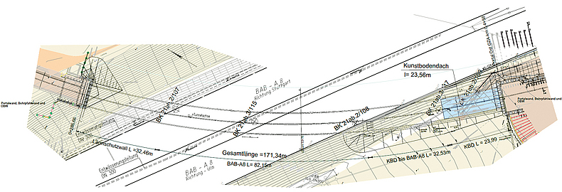 Lageplan GZA-BAB-Tunnel  (Projekt "Unterfahrung der A8 mittels Lockergesteinsvortrieb")