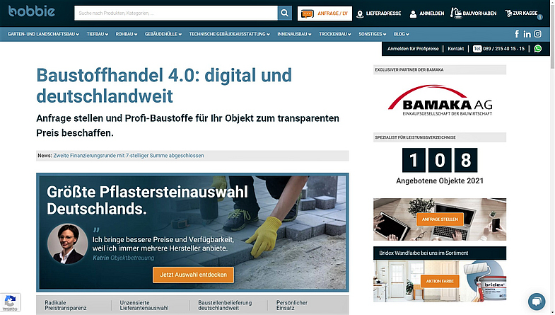 bobbie - digitaler Baustoffhandel Der Screenshot zeigt die Startseite des Online-Händlers für Baustoffe: Über mehrere Teaser können Nutzende einen Bestellprozess beginnen.
