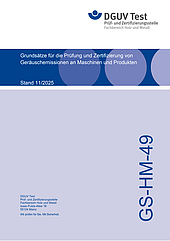 Titelseite der Broschüre „Grundsätze für die Prüfung und Zertifizierung von Geräuschemissionen an Maschinen und Produkten" (Stand 11.2025).