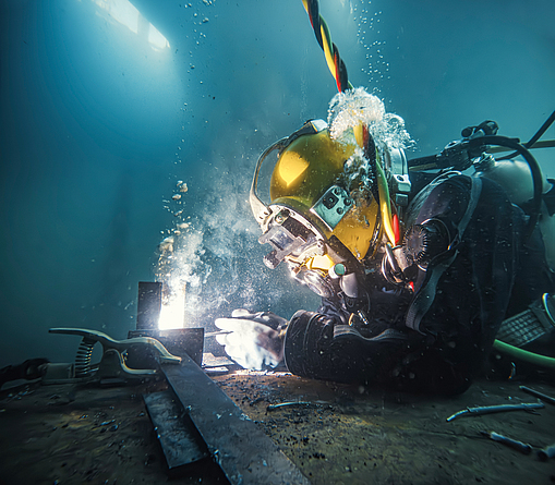 Berufstaucher schweißt Bauteil unter Wasser.