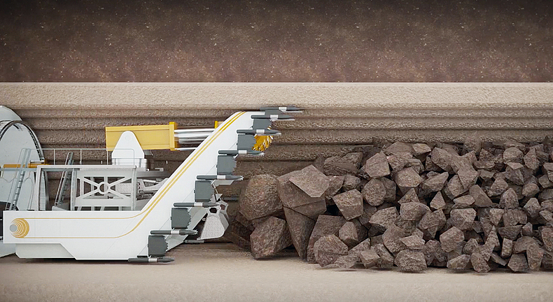 Bei größeren Projekten ermöglicht die Dragline-Shield-Technologie (hyperShield) den Aushub: Durch Kabel wird das hyperShield den Tunnelweg entlang gezogen