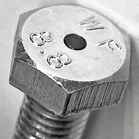 Schwarz-Weiß-Bild eines Schraubenkopfes mit schwarzer, runder Platte in der Mitte.