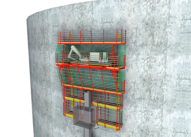 Die Grafik zeigt die Anordnung der hydraulisch kletternden Arbeitsbühnen (von oben nach unten) mit Hauptarbeitsbühne, Kletterbühne und Nachlaufbühne und der zusätzlichen Übergangsbühne für den Zugang vom Baustellenaufzug (hier beim Nachobenklettern am Bauwerk).