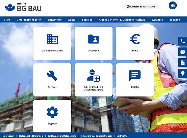 Screenshot der Startseite von meine BG BAU für Unternehmen.