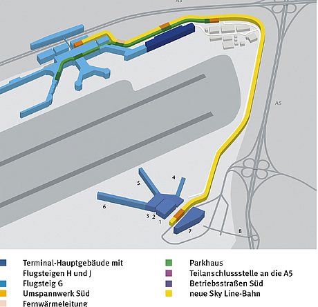 Karte des Frankfurter Flughafens mit Lage der Terminals 1, 2 und 3 sowie des Streckenverlaufs und der Stationen der Sky Line-Bahn.