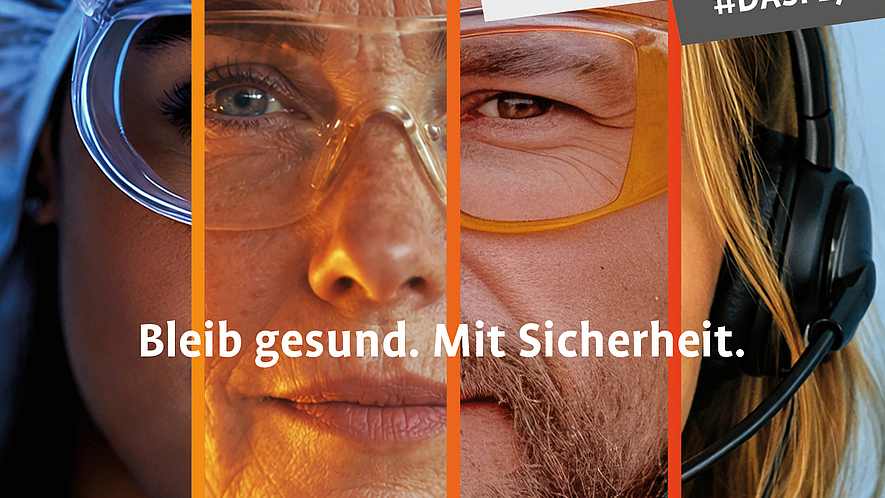 Pressebild des Deutschen Arbeitsschutzpreises 2027: Vier Personen aus verschiedenen Arbeitsbereichen -  mit Fokus auf ihr Gesicht.