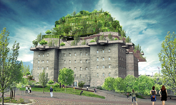 Abbildung des Hamburger Bunkers mit dem geplanten, mehrstöckigen Dachgarten.
