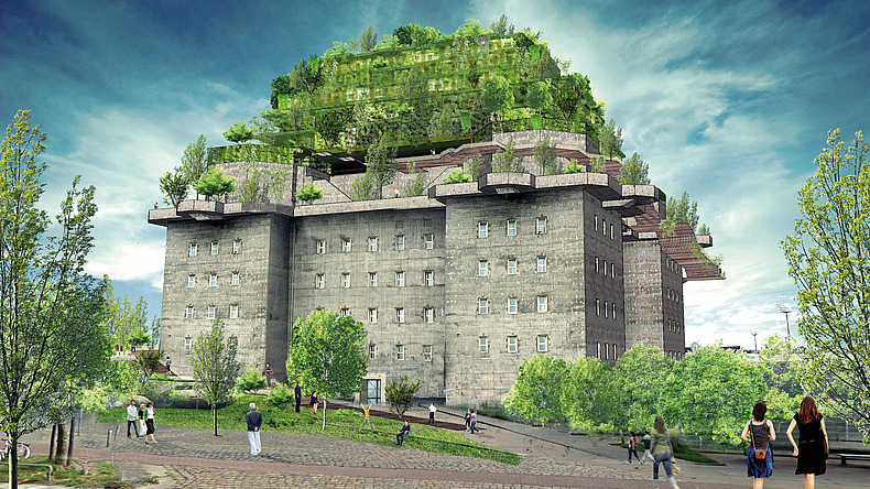 Abbildung des Hamburger Bunkers mit dem geplanten, mehrstöckigen Dachgarten.