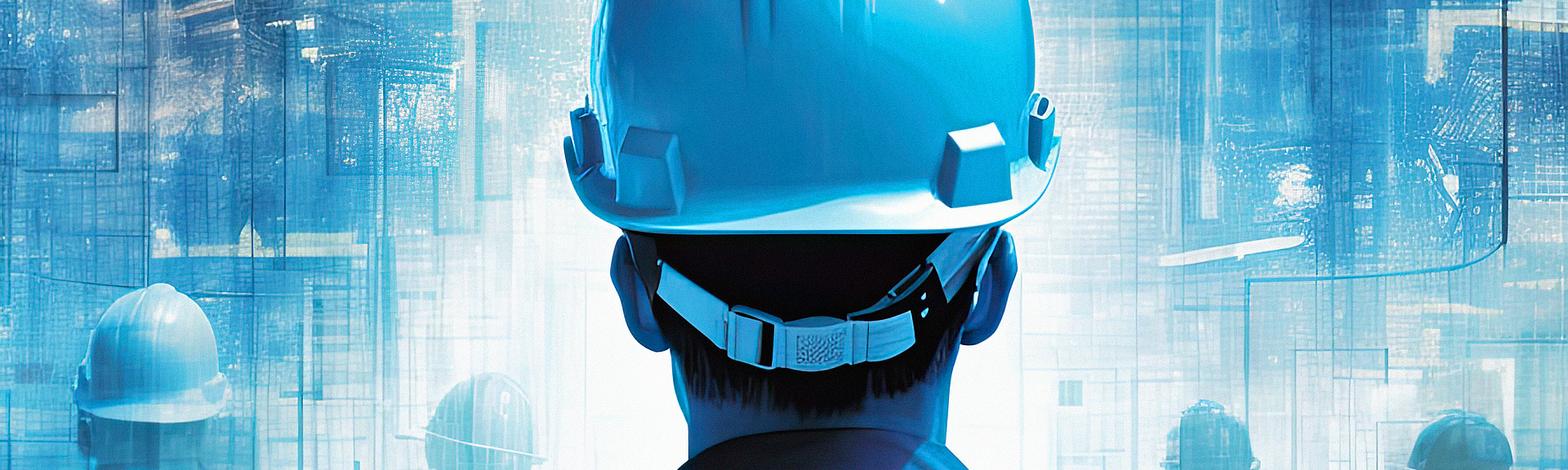 Beschäftigte mit Bauhelm vor einem Hochhaus.