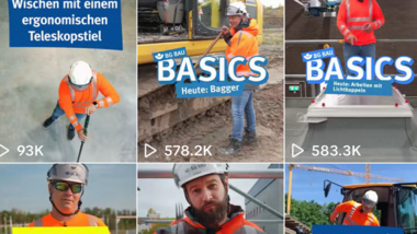 Screenshot des TikTok-Profils der BG BAU auf einem Smartphone. Sichtbar sind mehrere Beitragsvorschauen zu Themen der Arbeitssicherheit.