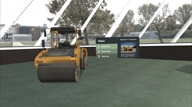 Screenshot aus der VR-Anwendung zeigt das Umfeld einer Baumaschine.