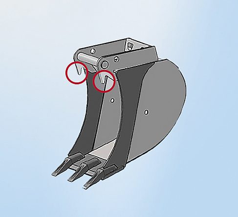 Zeichnung eines Baggerlöffels. Die oben befindlichen Laschen sind rot umrandet.