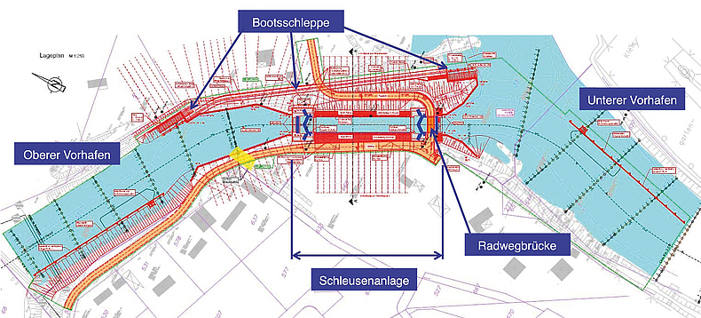 Technische Lagezeichnung einer Schleusenanlage mit markierten Bereichen für Oberes Vorhafen, Unteres Vorhafen, Bootsschleppe und Radwegbrücke.