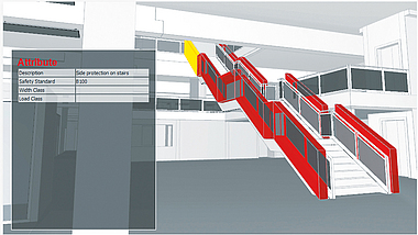 Beispielhafte schematische Schwarz-Weiß-Darstellung aus dem Fachmodell Absturzsicherheit: Seitenansicht einer Treppe, rot markiert sind Sektoren mit Absturzgefahr aufgrund fehlenden Seitenschutzes.