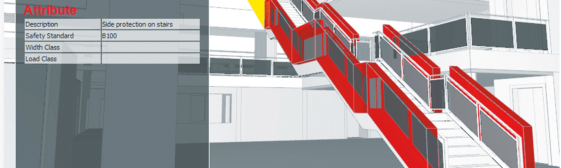 Beispielhafte schematische Schwarz-Weiß-Darstellung aus dem Fachmodell Absturzsicherheit: Seitenansicht einer Treppe, rot markiert sind Sektoren mit Absturzgefahr aufgrund fehlenden Seitenschutzes.