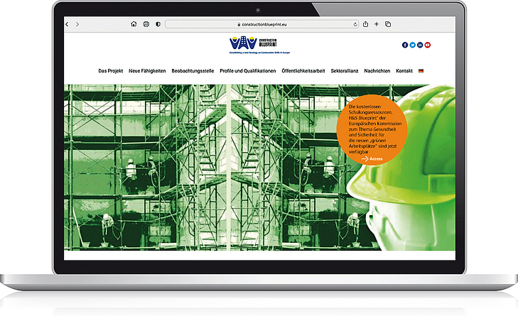 Screenshot der Website www.constructionblueprint.eu/de  Geöffneter Laptop, dessen Monitor die Website von Construction Blueprint anzeigt.