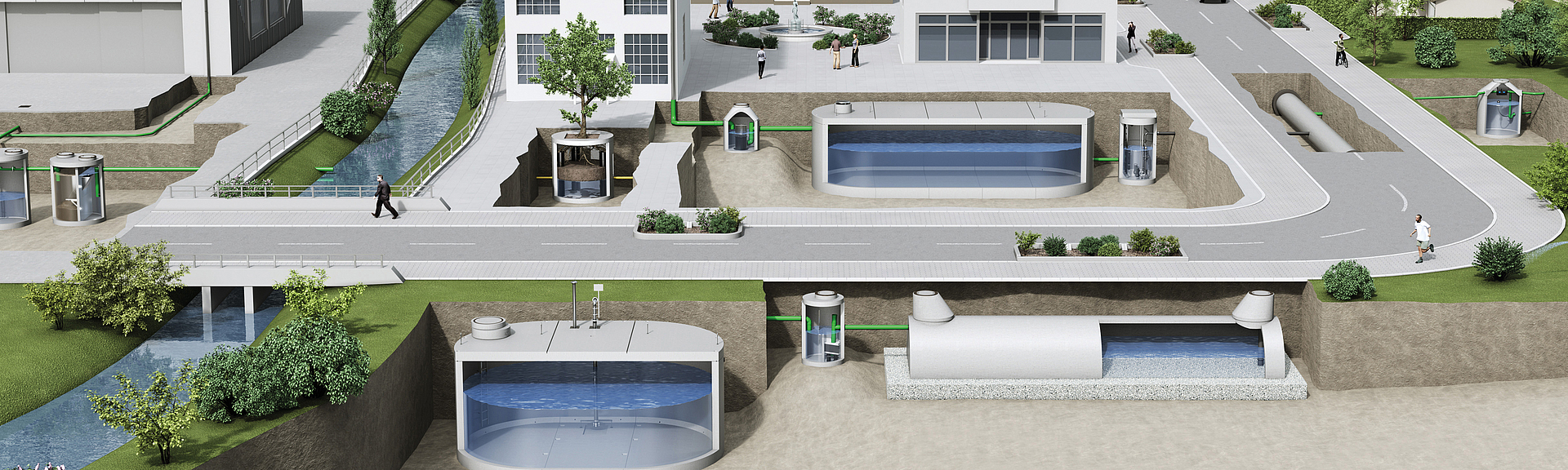 Grafische Darstellung eines Stadtquartiers nach dem Schwammstadt-Prinzip mit ober- und unterirdischen Anlagen zur Regenwasserbewirtschaftung.