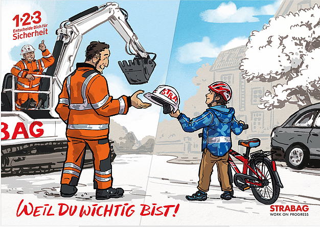 Illustrierte Postkarte mit zwei Szenen: links Bauarbeiter vor einem Bagger, rechts Kind mit Fahrrad und Helm, das ihm einen Helm überreicht; unten „Weil du wichtig bist!“.