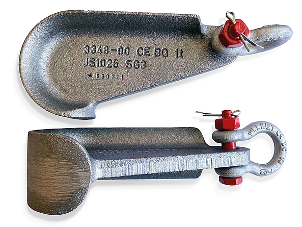 Der neu entwickelte Weichenschwellenhaken (WSH) von der Seite und von vorne