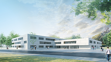 Das Bild zeigt die neue Außenfassade des Schul-Neubaus Leonardo-da-Vinci-Gymnasium in Berlin-Buckow.