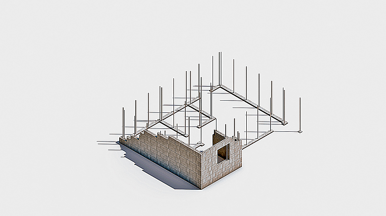 Stahlstäbe verleihen Hauswänden, die aus „Polyblocks" entstehen, Stabilität.
