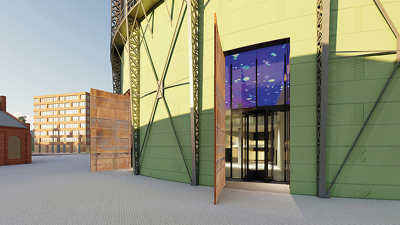 Visualisierung des neuen Baues mit grünem Stahlmantel im Bodenbereich, durch die geöffneten Stahltüren ist ein großer, verglaster Raum zu sehen.