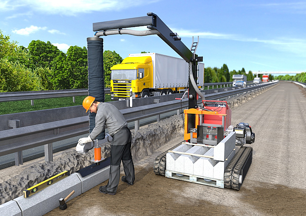 Ein Straßenbauarbeiter arbeitet auf einer Autobahn mit einem Bordsteinversetzgerät. 