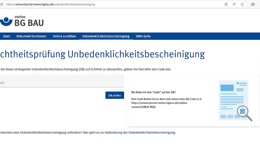 Abbildung der Webseite meinebgbau.de, auf der ein Suchfeld eingebunden ist, in das man einen Code zur Echtheitsprüfung der Unbedenklichkeitsbescheinigung eintragen kann.