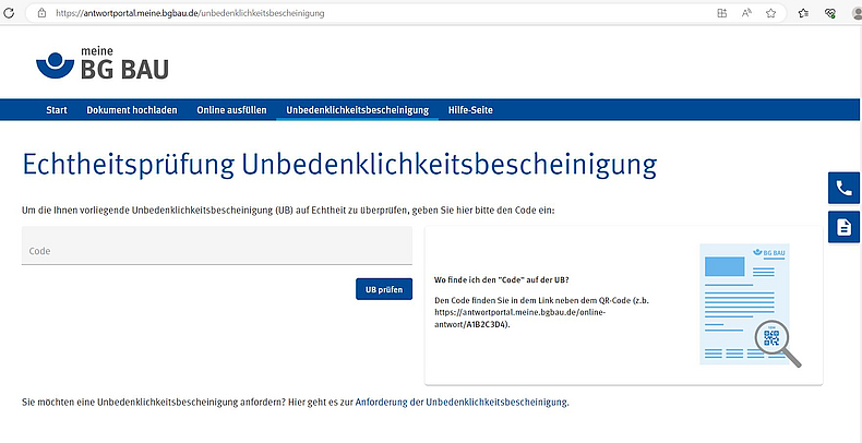 Abbildung der Webseite meinebgbau.de, auf der ein Suchfeld eingebunden ist, in das man einen Code zur Echtheitsprüfung der Unbedenklichkeitsbescheinigung eintragen kann.